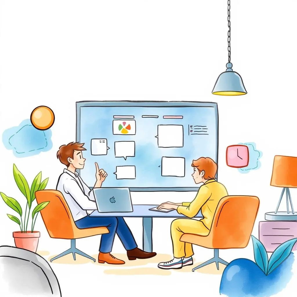 Partner training material generator: Create onboarding training content for partners 1 Two professionals collaborating on partner training materials in a modern office.