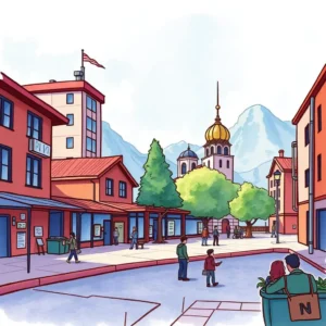 Colorful illustration of a town square with trees, people, and buildings, evoking a lively atmosphere.