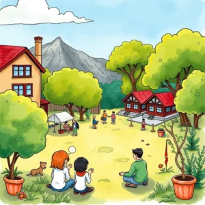 Community engagement gathering in a vibrant outdoor setting with children playing and adults interacting