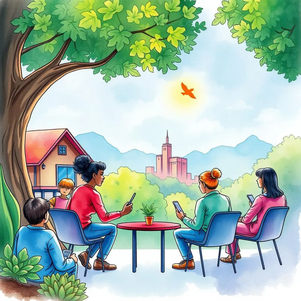 Value analysis tool: Create detailed analyses of partnership benefits 1 People collaborating outdoors while using mobile devices with a scenic background of mountains and trees