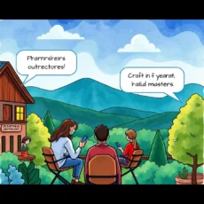 A group of people outdoors brainstorming engagement messages with mobile devices against a scenic backdrop.