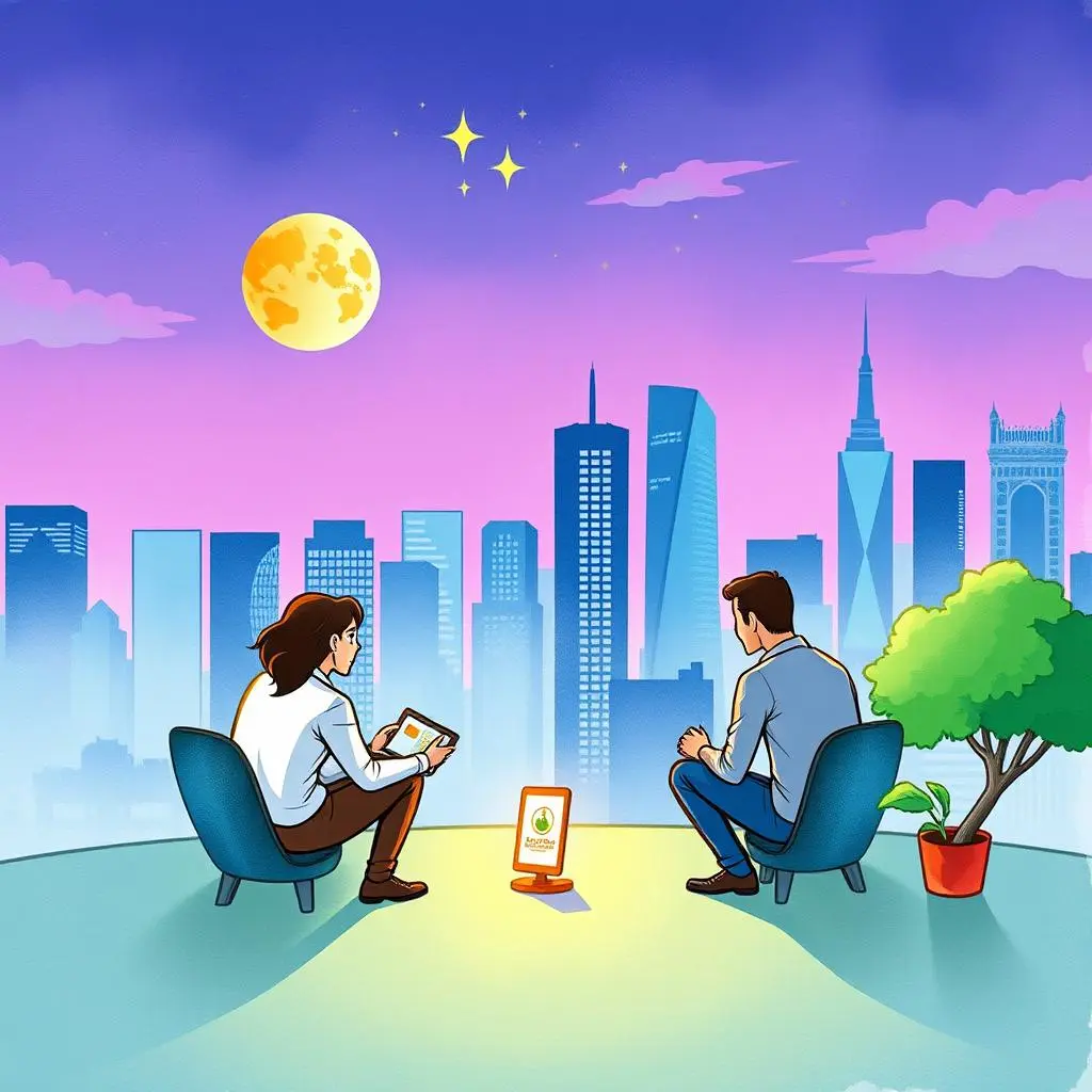 Strategic proposal studio: Develop strategic partnership proposals for new markets 1 Two professionals strategizing partnership proposals against a city skyline backdrop.