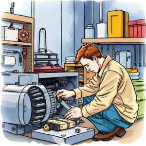 Technician replacing machinery parts in a manufacturing environment.