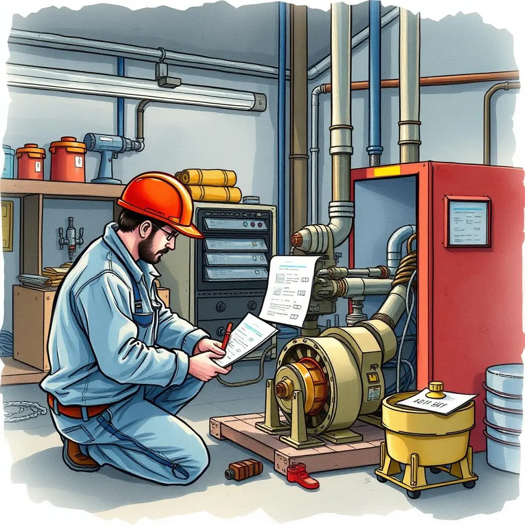 Maintenance insight reader: Extract insights from inspection reports for equipment 1 Maintenance technician reviewing inspection reports next to an industrial pump in a manufacturing setting.