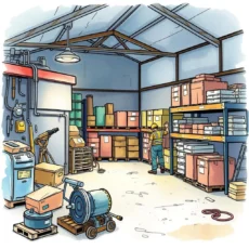 A technician organizes inventory in a well-stocked storage facility.