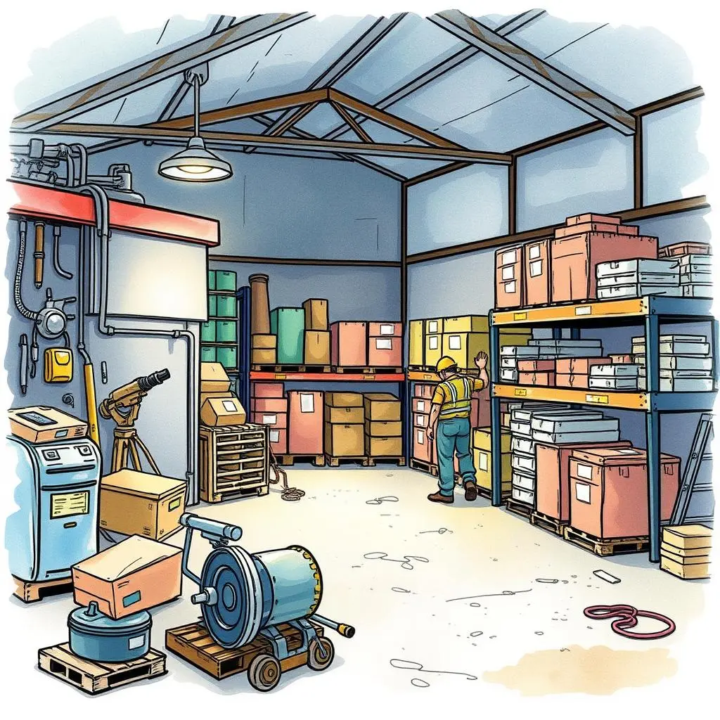 Stock level input assistant: Input and update stock level records efficiently 1 A technician organizes inventory in a well-stocked storage facility.