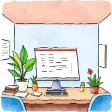 A modern workspace featuring a computer monitor displaying structured data and vibrant plants.