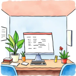 A modern workspace featuring a computer monitor displaying structured data and vibrant plants.