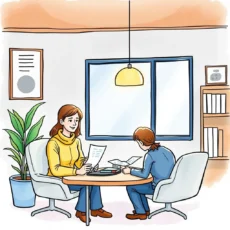 A conversation between two employees discussing payroll documents in a bright office setting.
