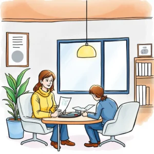 A conversation between two employees discussing payroll documents in a bright office setting.