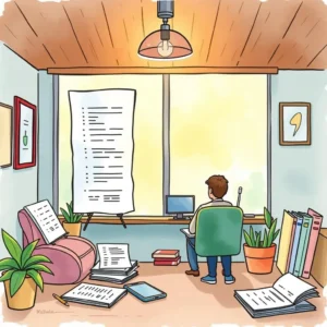 A person sitting at a desk in a cozy office, focusing on payroll documents and a computer screen.