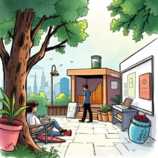 Team analyzing data insights in a modern outdoor workspace.