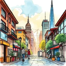A vibrant city street scene showcasing a blend of modern and classic architecture with pedestrians walking.