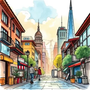 A vibrant city street scene showcasing a blend of modern and classic architecture with pedestrians walking.