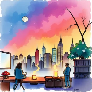 Two professionals reviewing data against a vibrant city skyline at dusk.