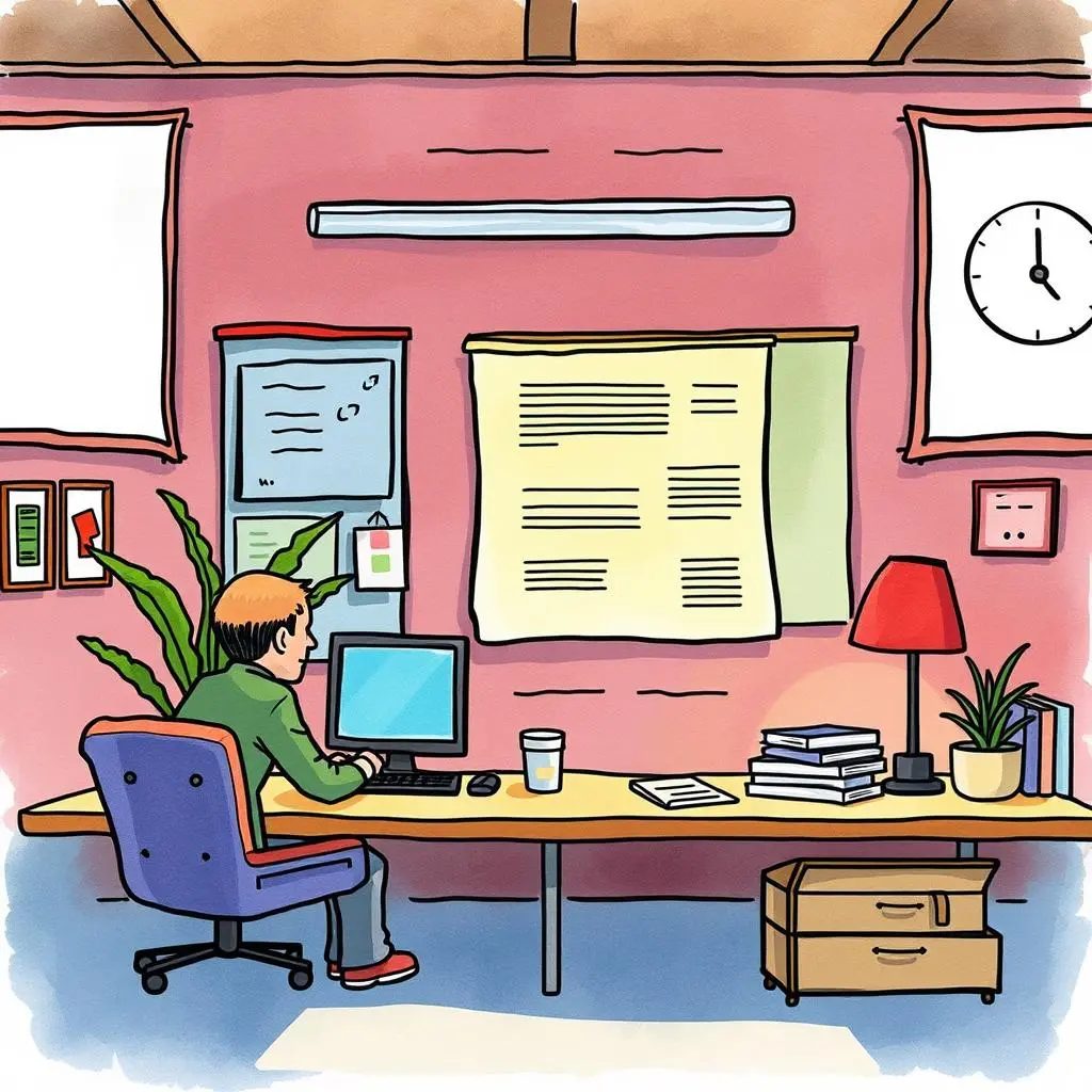 A person using a computer in an office setting with audit documents and plants around them.