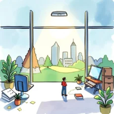 Modern workspace scene highlighting audit tasks with city skyline view.