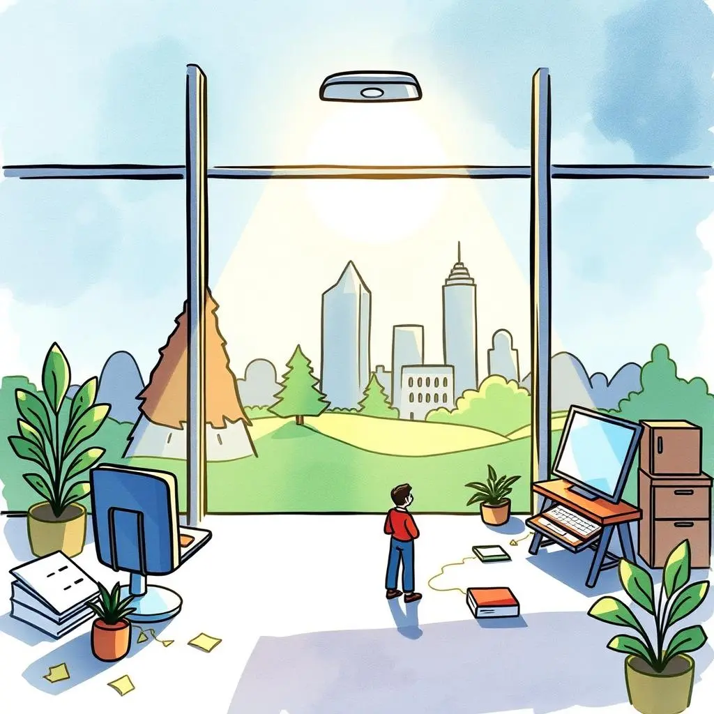 Discrepancy description creator: Automatically detail discrepancies found during audits 1 Modern workspace scene highlighting audit tasks with city skyline view.