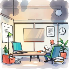 An auditor reviewing performance evaluation reports in a modern office.