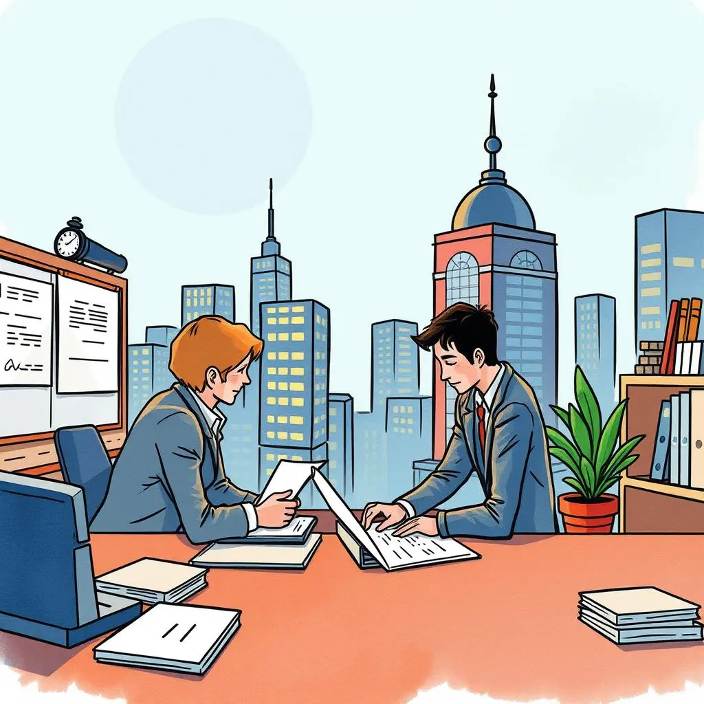 Observation to report converter: Transform observations into formal audit reports 1 Office scene depicting two professionals discussing documents to generate audit reports