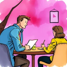 Two professionals discussing employee performance feedback at a table.