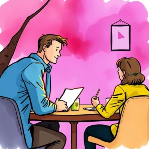 Employee appraisal discussion between two professionals at a table with a pink background