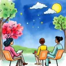 Three diverse professionals discussing employee engagement in a serene park setting.