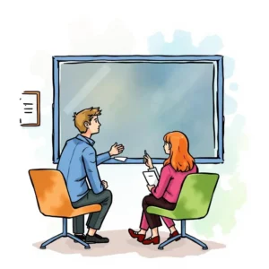 Exit feedback report generator: Generate reports based on exit interviews 6 Two professionals discussing insights from exit interviews in an office.