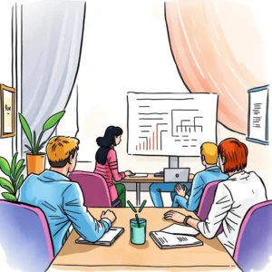 Exit interview outcome evaluator: Assess trends from exit interview data 7 Team analyzing exit interview data trends in a meeting room.