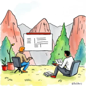 A person presents a performance goals document to a colleague in a scenic outdoor setting.