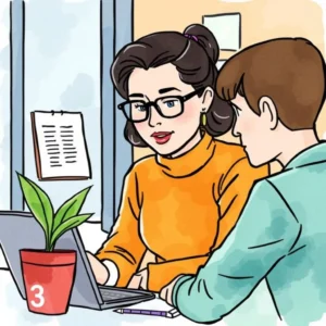 A professional woman helps a colleague organize meeting notes on a laptop in an office setting.