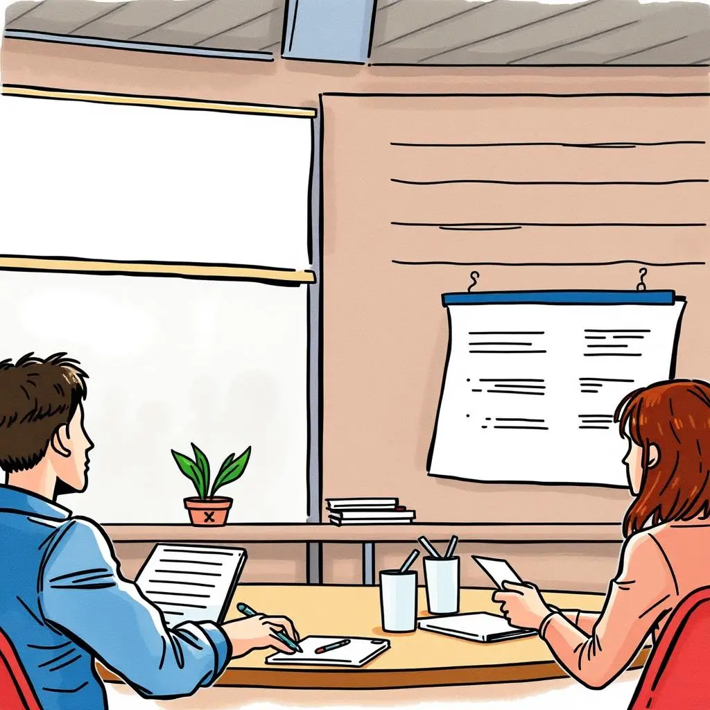 Performance feedback builder: Assemble comprehensive feedback for employee evaluations 1 Two professionals discussing performance feedback in a meeting room.