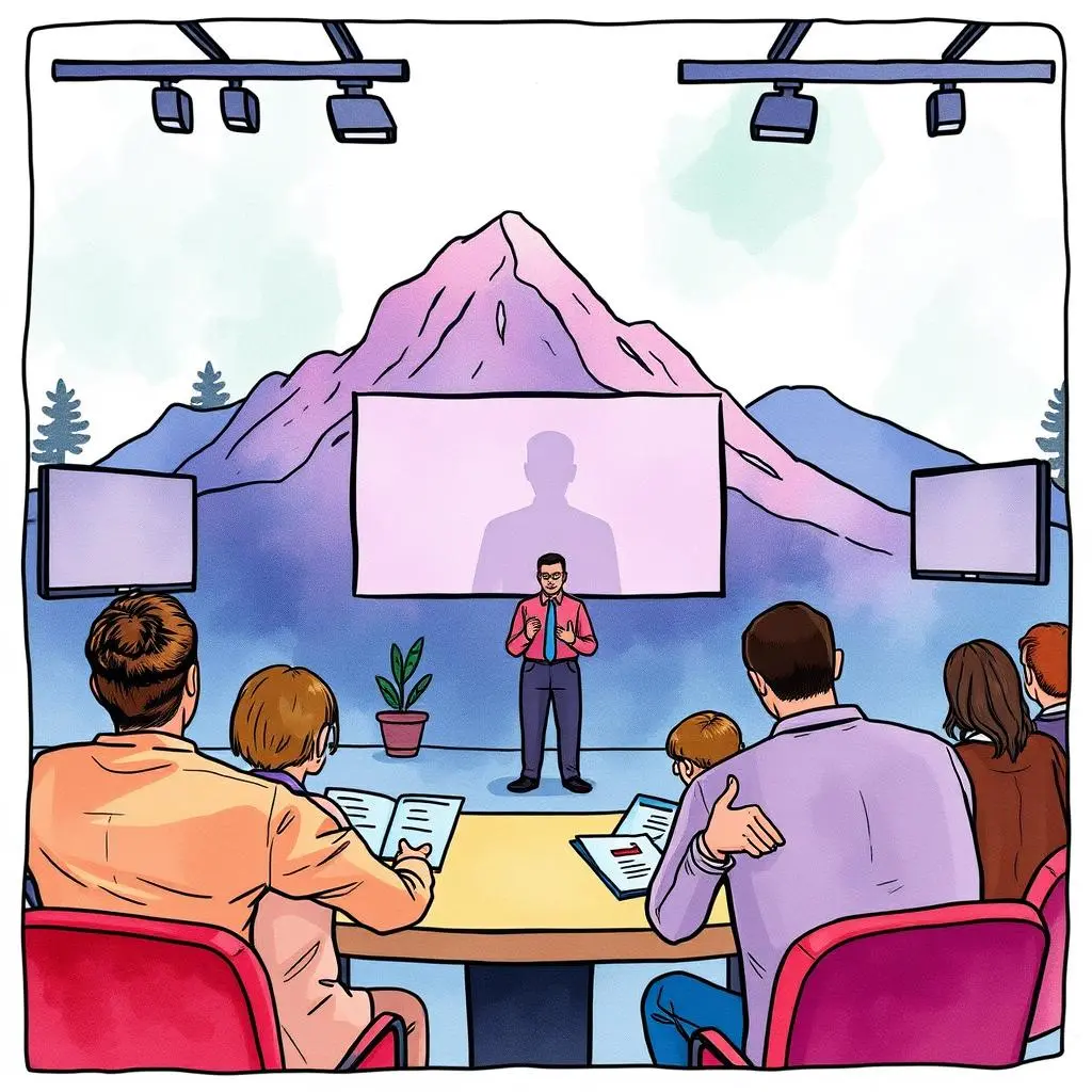 Performance feedback guide: Provide structured performance feedback templates 1 A speaker presents in front of an audience with performance feedback tools in a scenic setting.
