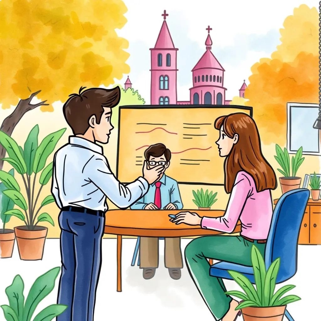 Performance goal blueprint: Develop structured plans for employee growth 1 Two colleagues discuss employee growth plans with a presenter in an office setting.
