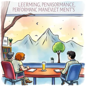 A team collaborates with a scenic mountain view, discussing performance goals in a bright environment.