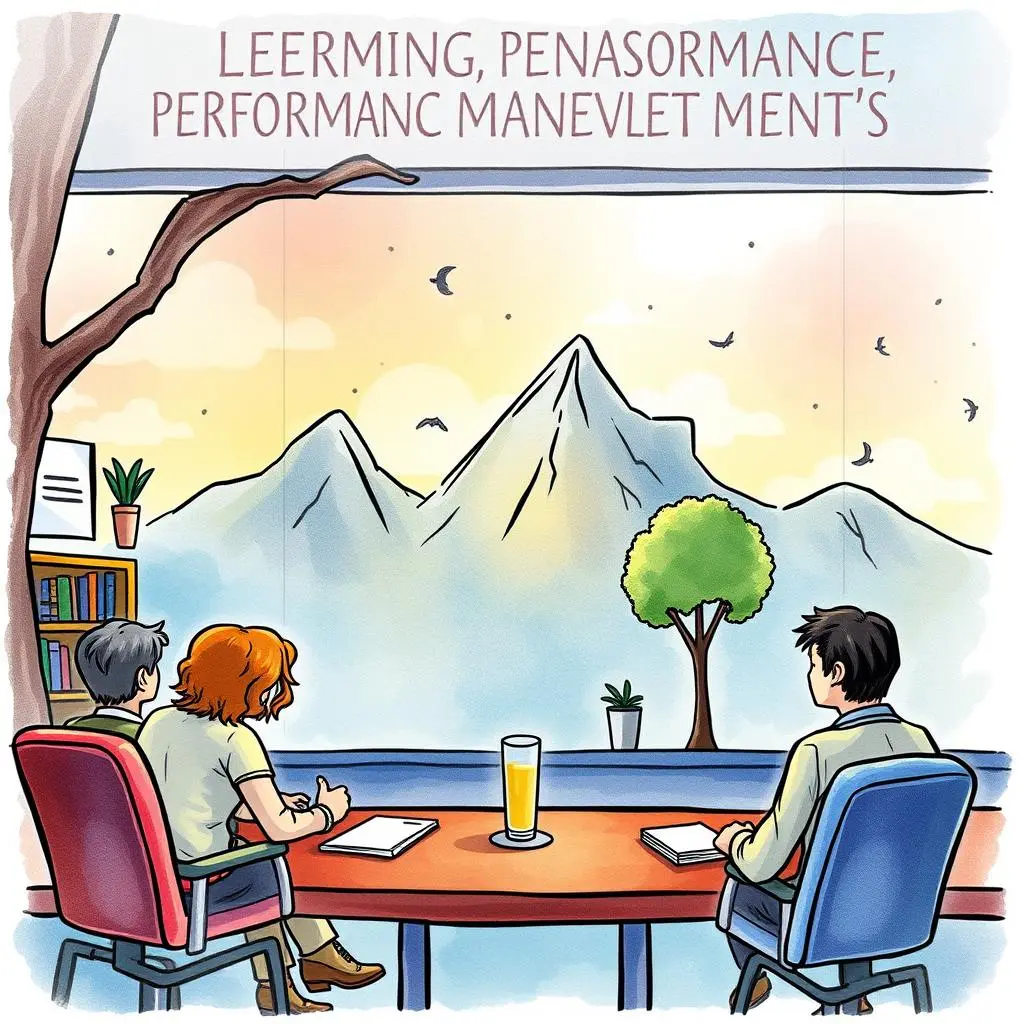 Performance goal creator: Craft specific performance enhancement objectives 1 Two professionals discussing performance goals with a mountain view.