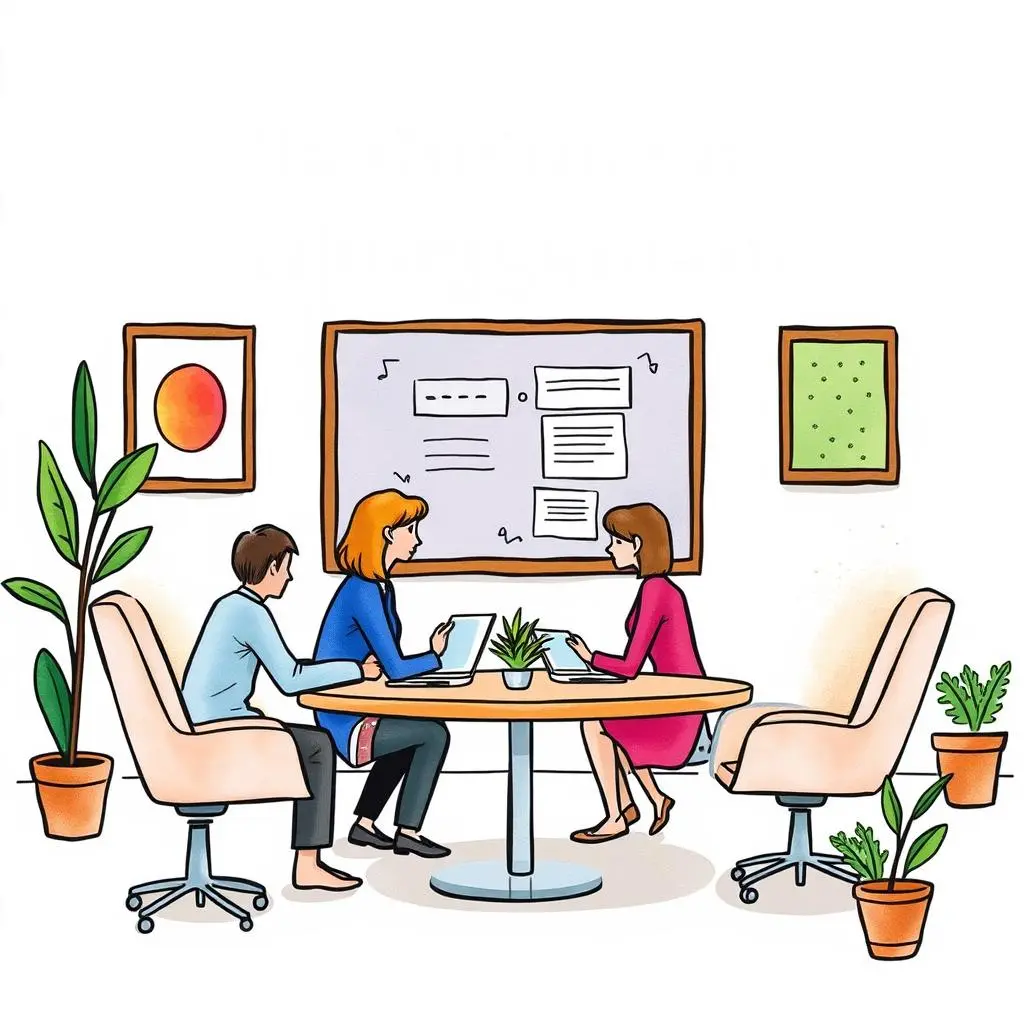 Three professionals collaborating on performance review summaries in a meeting room.