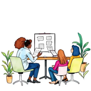 Team discussing performance feedback reports in an office setting.