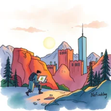 A person analyzing performance data while hiking in a scenic landscape with mountains and buildings