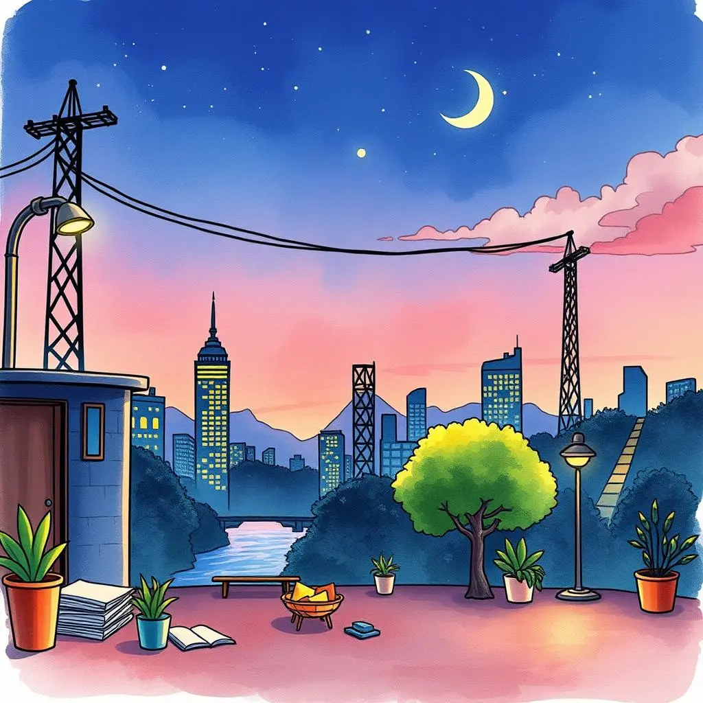 Efficiency benchmark calculator: Calculate and display efficiency standards 1 Efficiency Benchmark Calculator illustration with a cityscape at dusk, featuring plants and outdoor furniture.