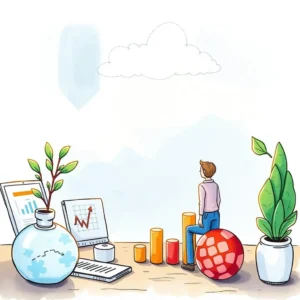 Kpi benchmarking tool: Create KPIs for performance benchmarking easily 5 Person analyzing performance metrics with graphs and growth indicators.