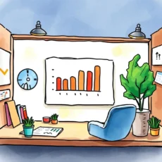 A modern office with performance charts, plants, and a desk, designed for data analysis tasks.