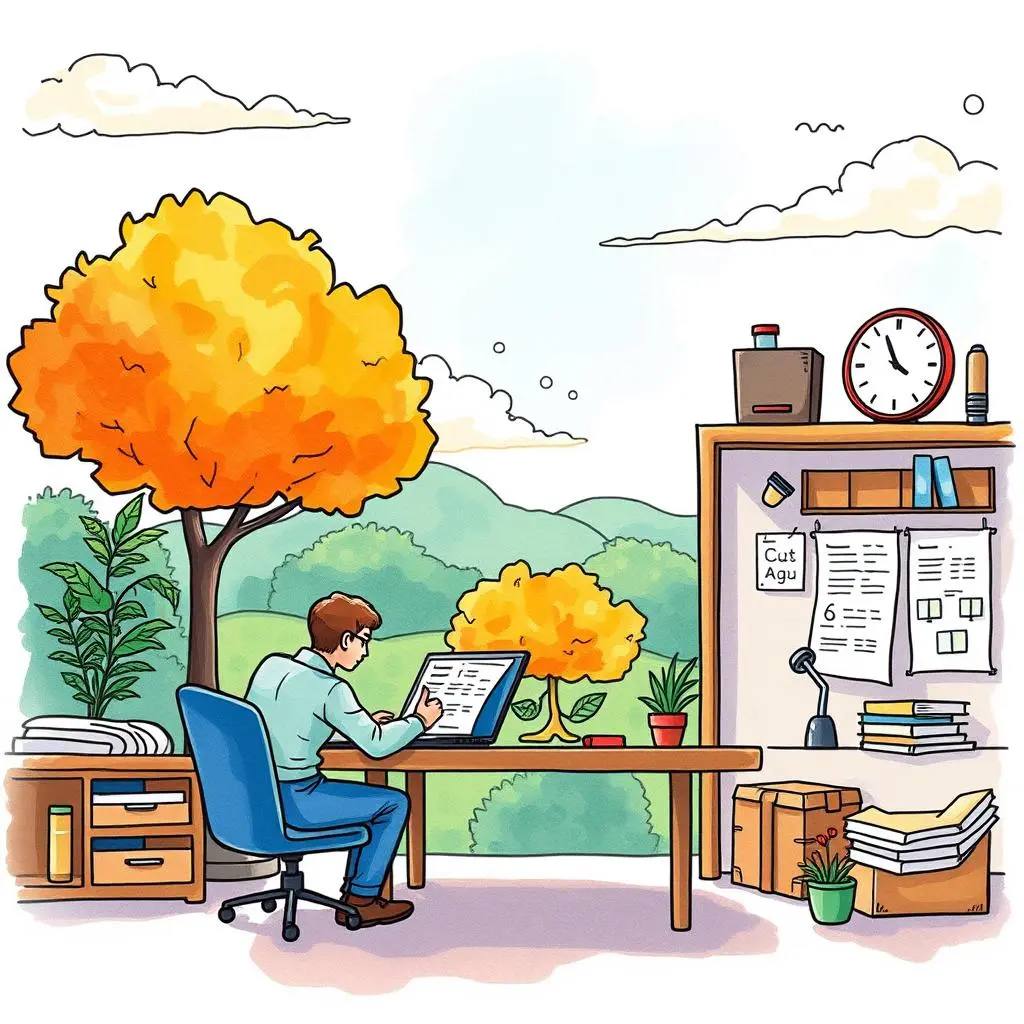 Sop generator: Draft standard operating procedures effortlessly 1 A person drafting a standard operating procedure at a desk with vibrant autumn trees outside.