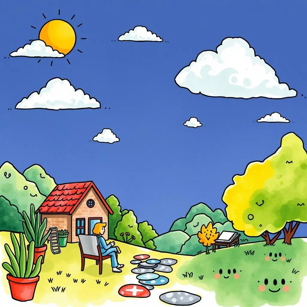 Sunlit garden scene with a person relaxing near a house, representing a tranquil workspace for data analysis.