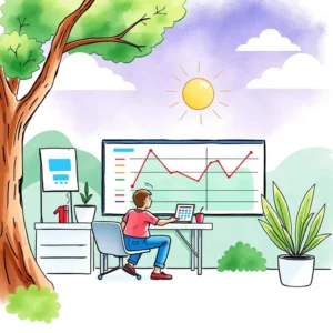 User analyzing performance trends on a digital dashboard outdoors.
