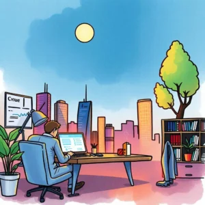 Office scene with a person analyzing data on a laptop against a city skyline backdrop.