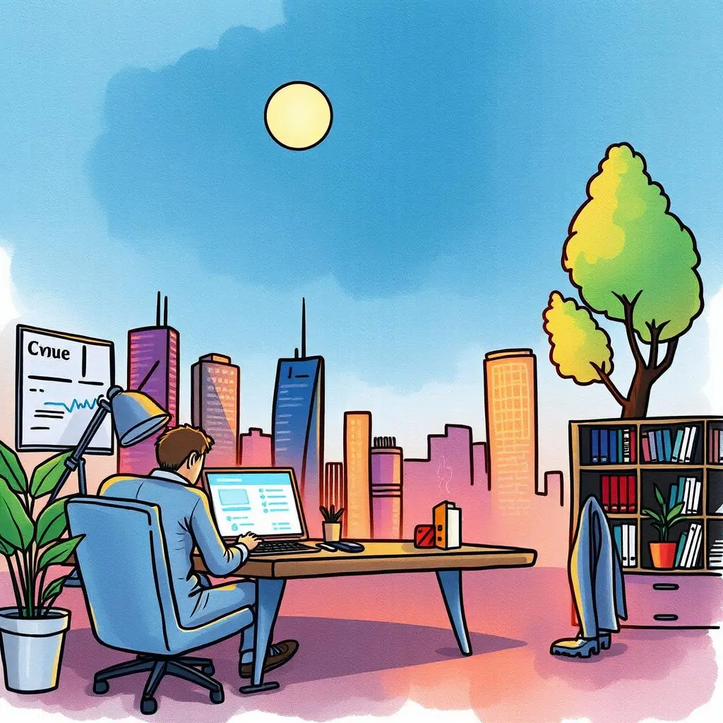 Kpi revision hub: Streamline key performance indicator evaluations 1 Office scene with a person analyzing data on a laptop against a city skyline backdrop.