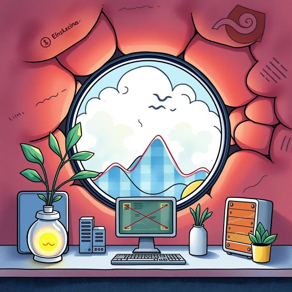 Cloud performance evaluator: Evaluate cloud service metrics and outputs 1 A digital workspace featuring cloud performance metrics, monitors, and plant decor for evaluation tasks