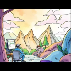 A person using a Data Performance Writer tool at a desk in a serene mountain landscape.