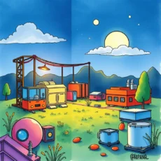 Colorful illustration depicting an industrial site with equipment, showcasing performance monitoring tools.